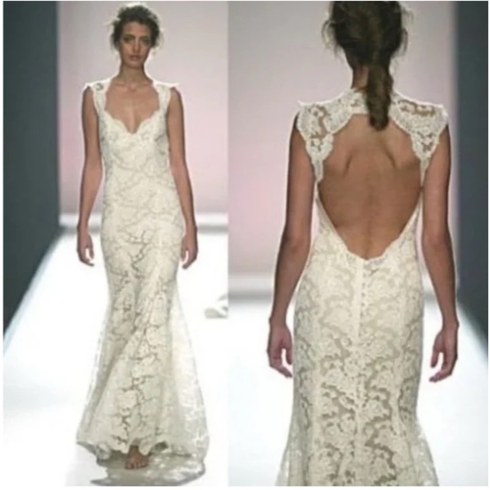 Monique Lhuillier Scarlett Ivory Lace Open-Back Mermaid Gown | size 8